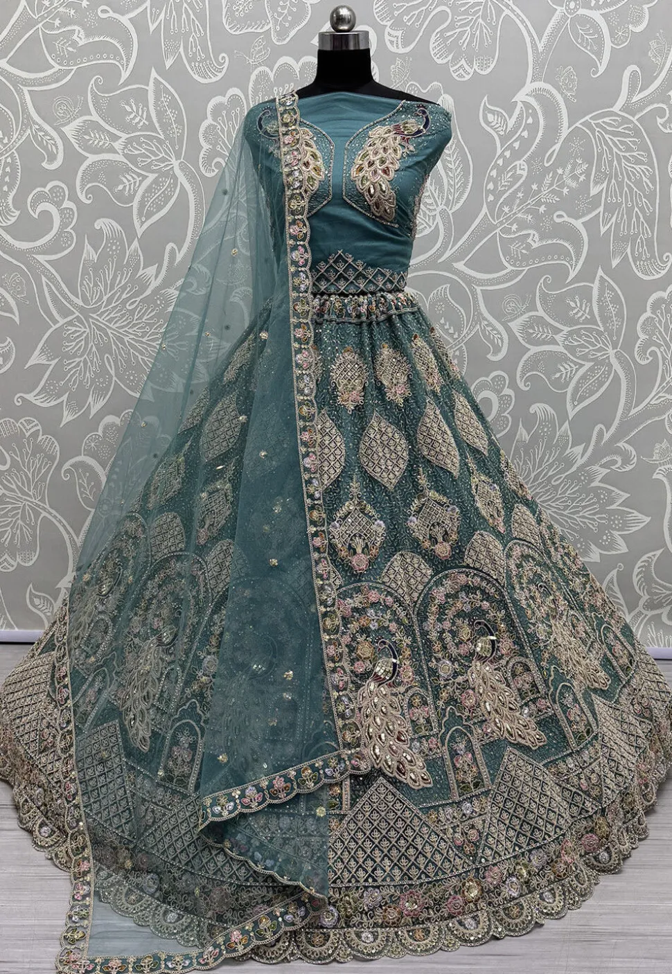 Embroidered Net Lehenga in Dusty Blue