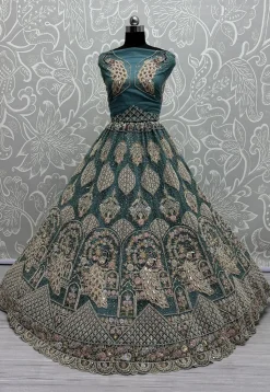 Embroidered Net Lehenga in Dusty Blue