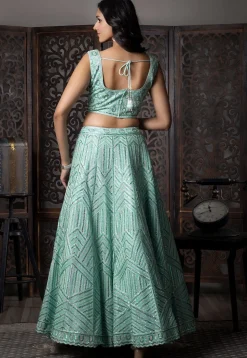 Embroidered Net Lehenga in Sea Green