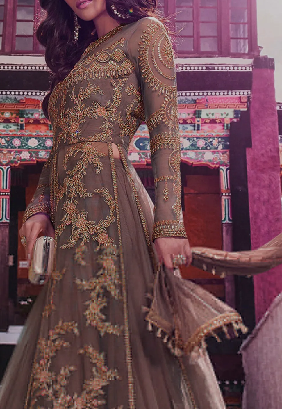 Embroidered Net Lehenga in Dark Fawn