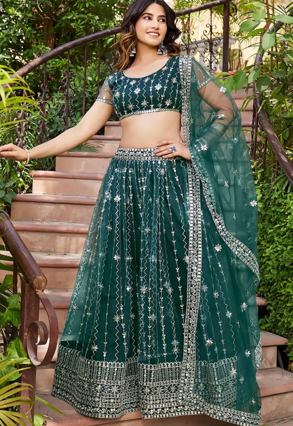 Embroidered Net Lehenga in Teal Green