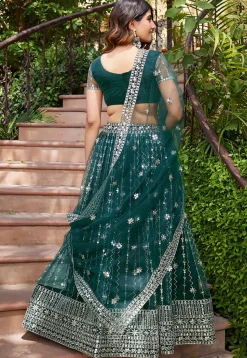 Embroidered Net Lehenga in Teal Green