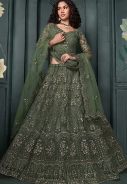 Embroidered Net Lehenga in Dusty Green