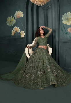 Embroidered Net Lehenga in Dusty Green