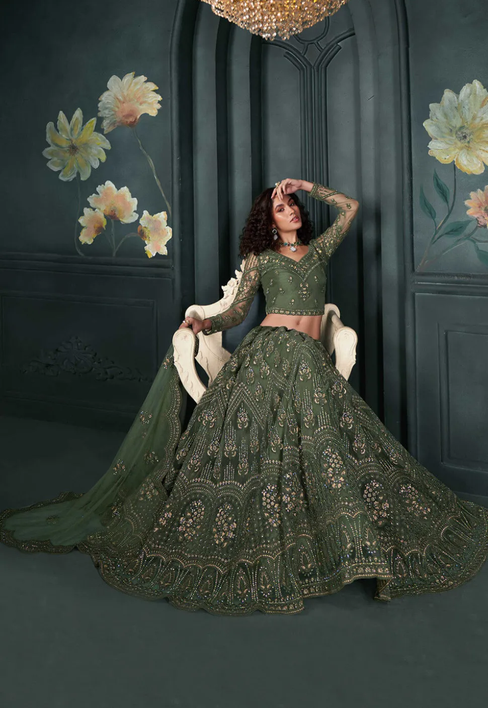 Embroidered Net Lehenga in Dusty Green