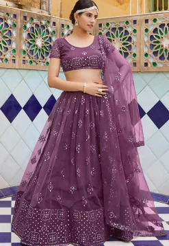 Embroidered Net Lehenga in Light Purple