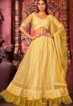 Embroidered Net Lehenga in Yellow