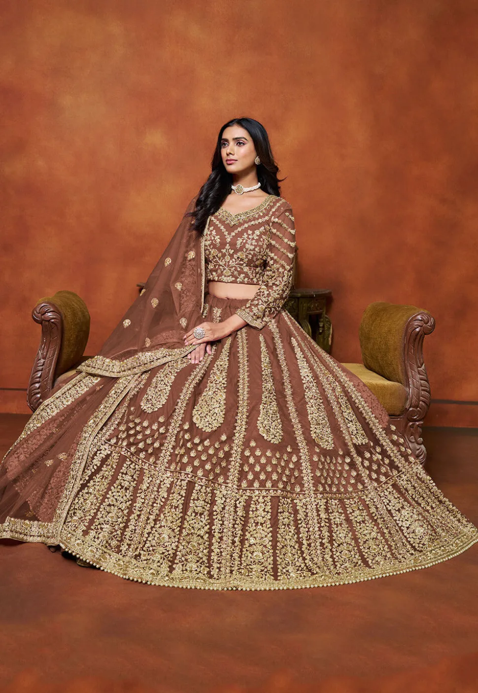 Embroidered Net Lehenga in Brown
