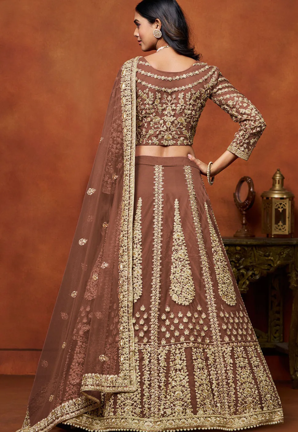 Embroidered Net Lehenga in Brown