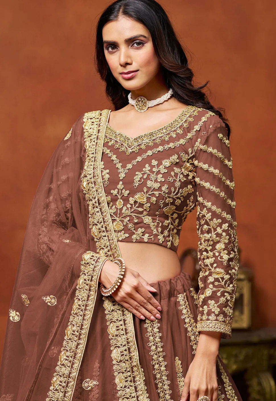 Embroidered Net Lehenga in Brown