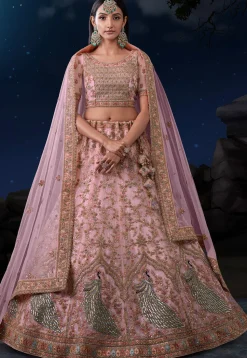 Embroidered Net Lehenga in Peach