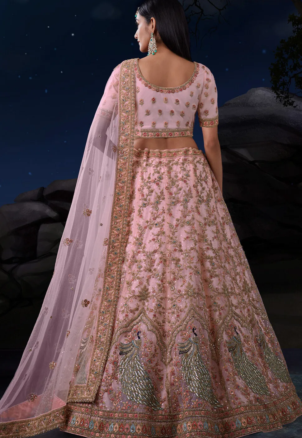 Embroidered Net Lehenga in Peach