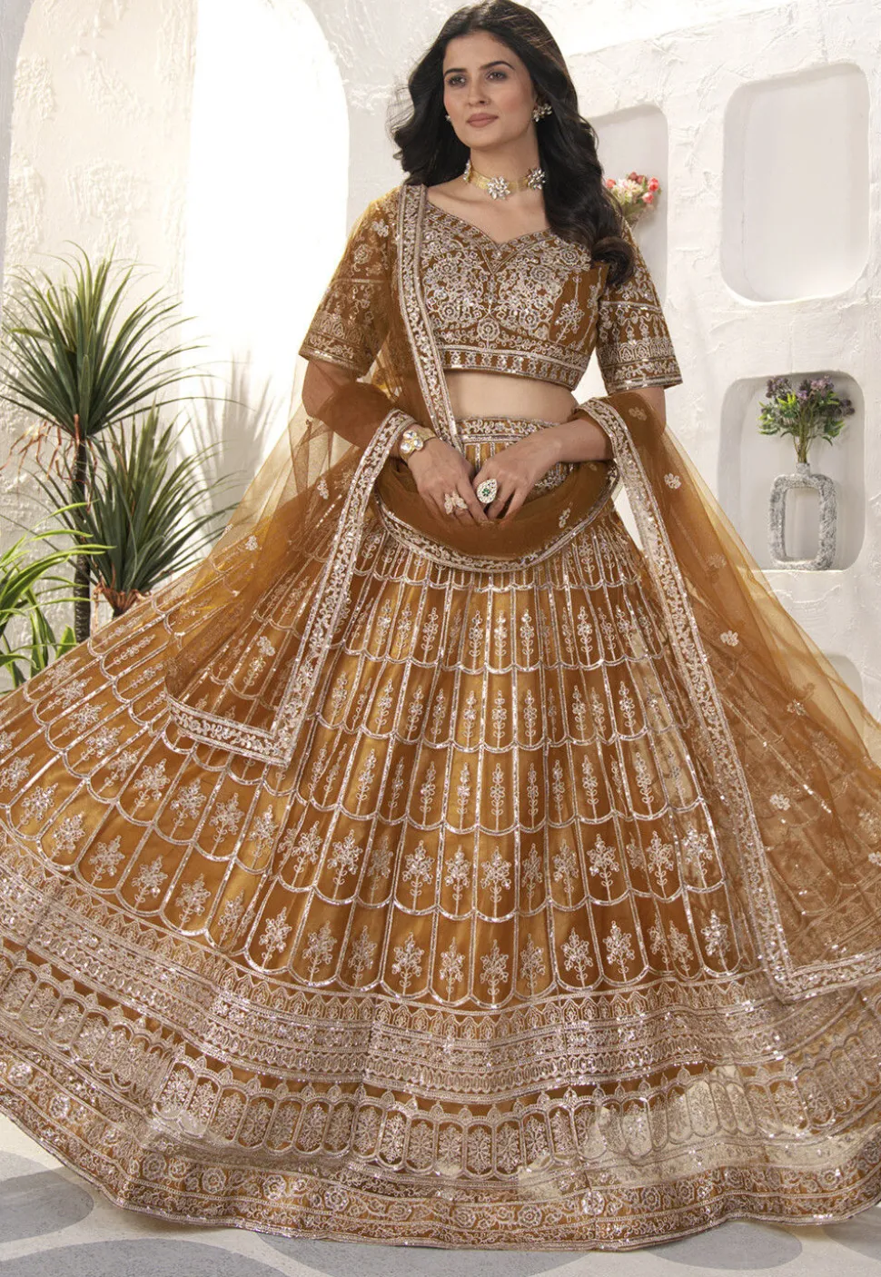 Embroidered Net Lehenga in Mustard