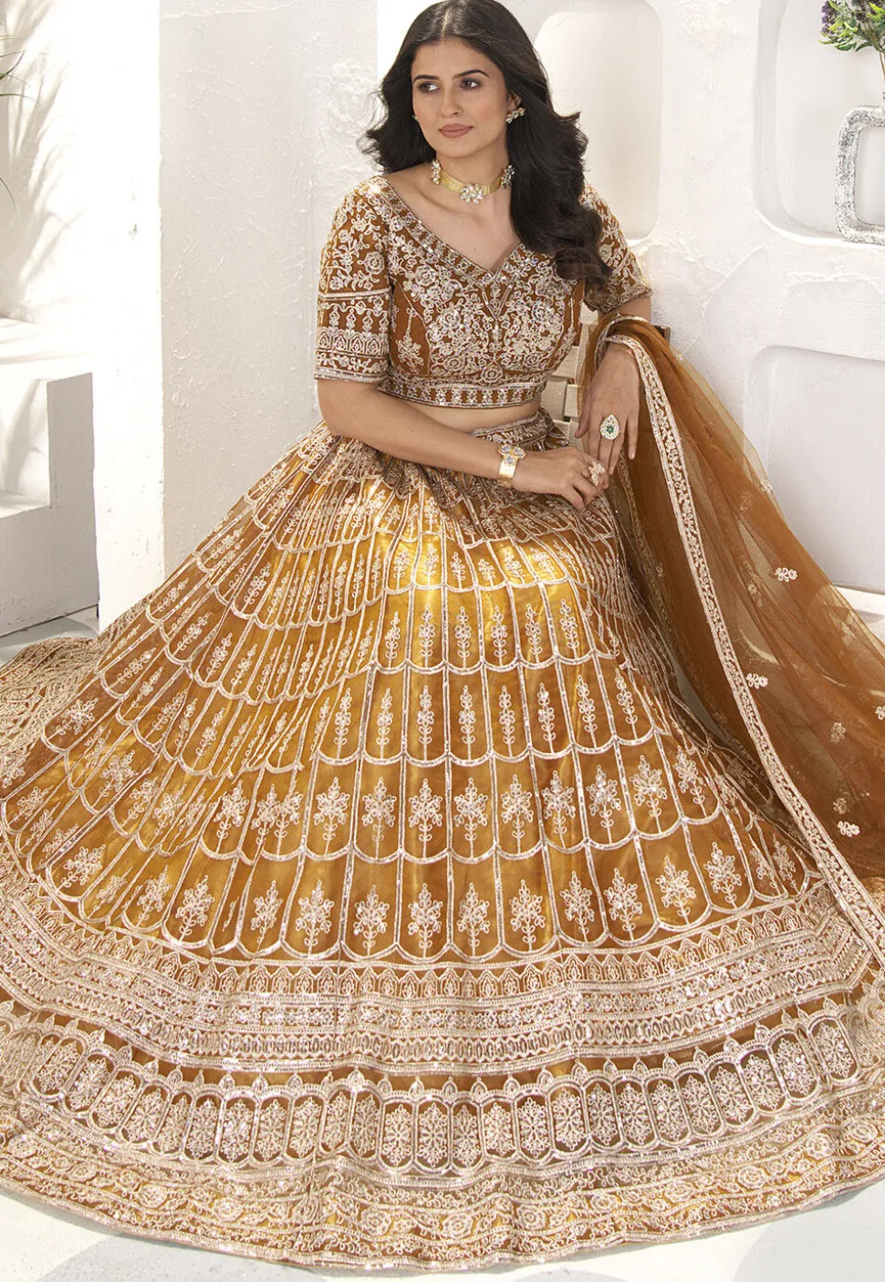 Embroidered Net Lehenga in Mustard