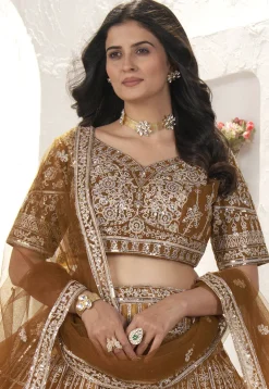 Embroidered Net Lehenga in Mustard
