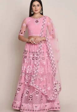Embroidered Net Lehenga in Light Pink