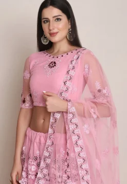 Embroidered Net Lehenga in Light Pink