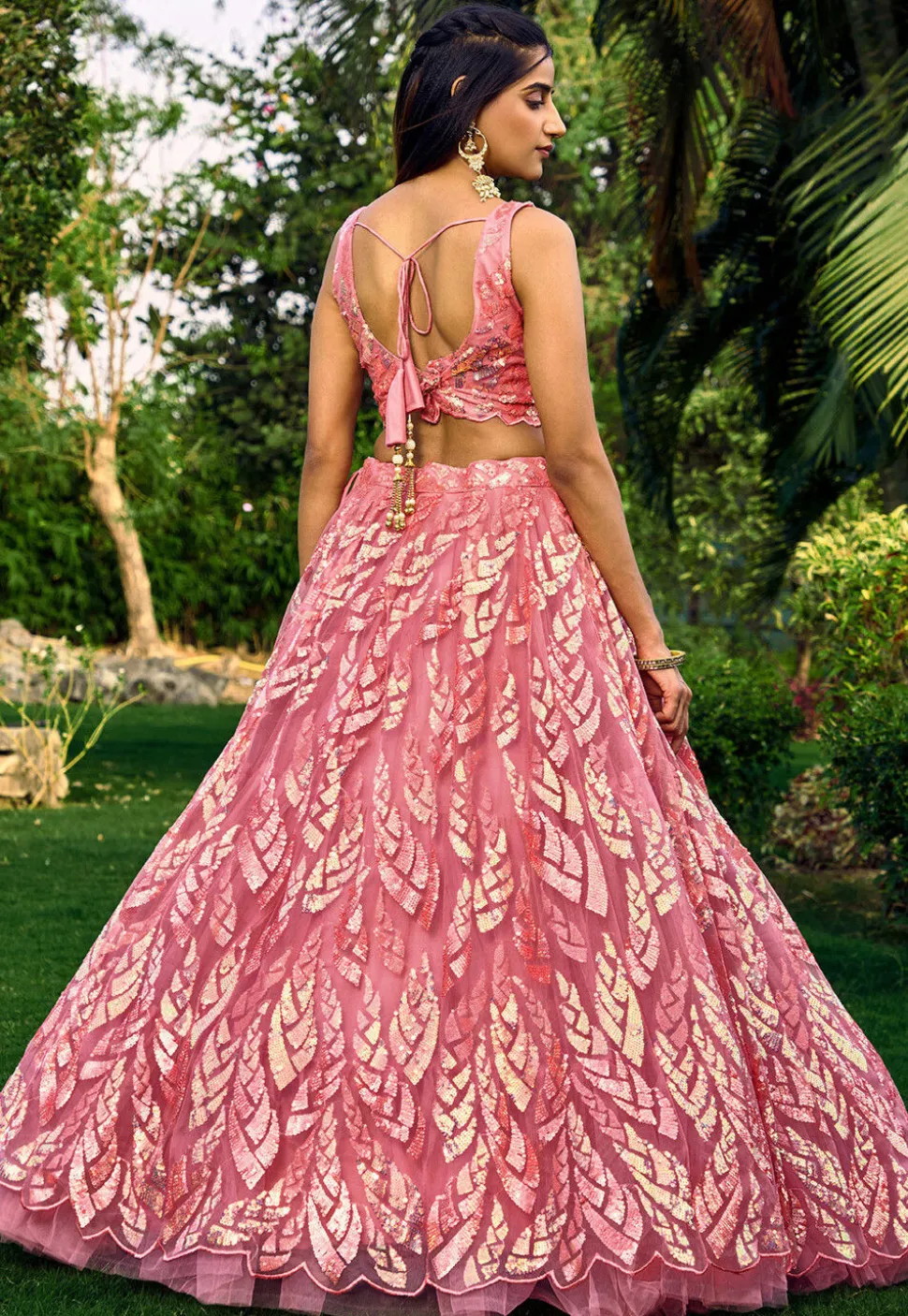 Embroidered Net Lehenga in Peach