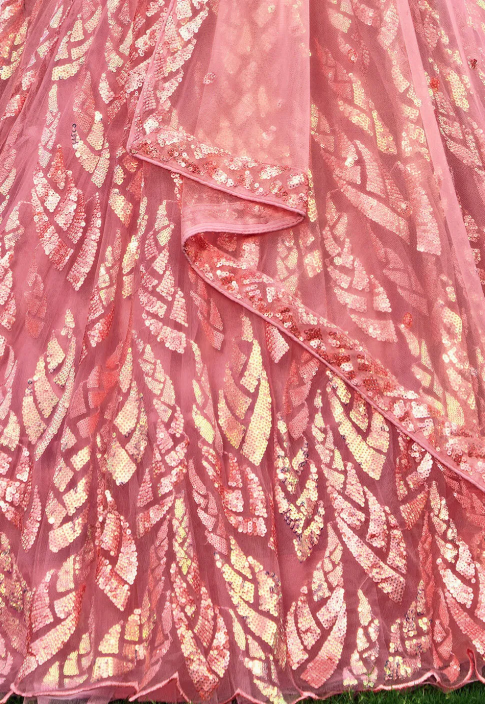 Embroidered Net Lehenga in Peach
