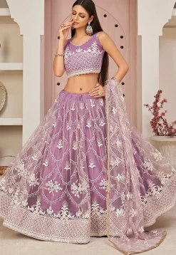 Embroidered Net Lehenga in Purple