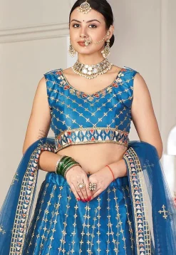 Embroidered Net Lehenga in Teal Blue