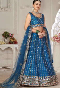 Embroidered Net Lehenga in Teal Blue