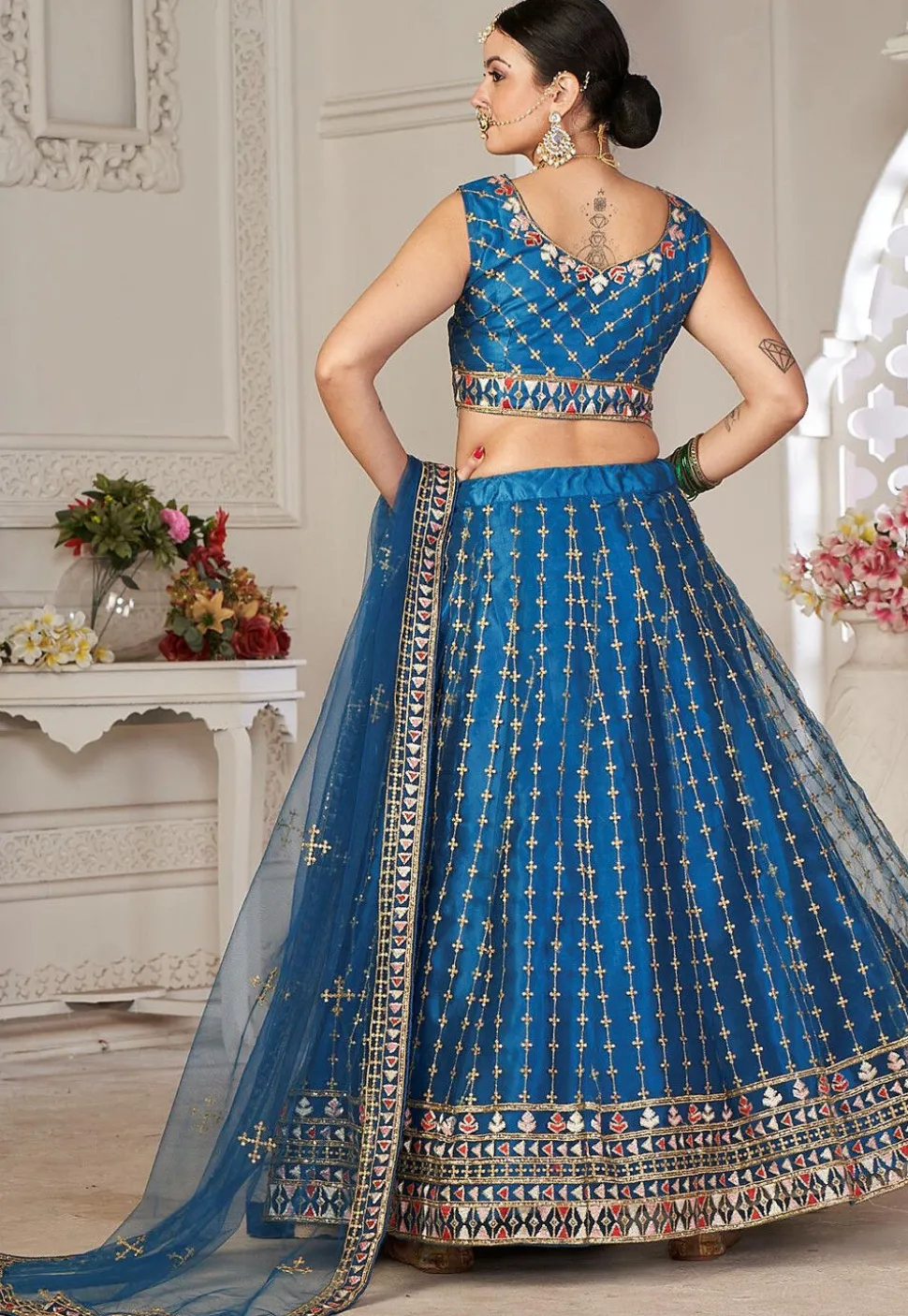 Embroidered Net Lehenga in Teal Blue