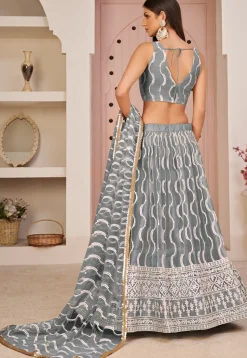 Embroidered Net Lehenga in Grey