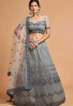 Embroidered Net Lehenga in Grey