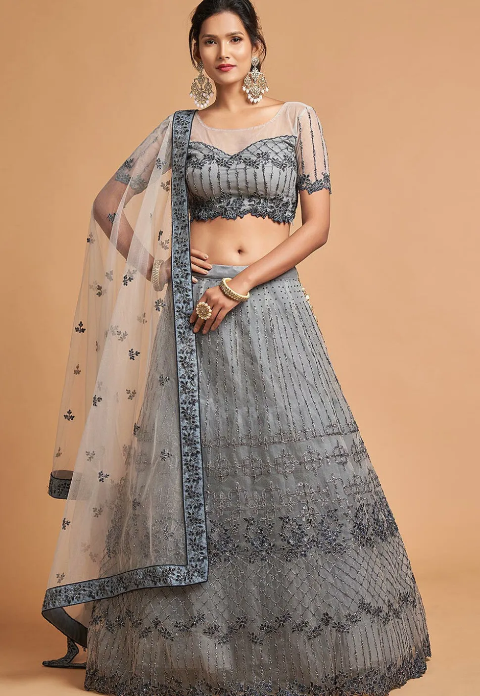 Embroidered Net Lehenga in Grey