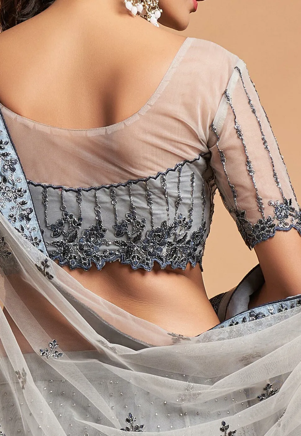 Embroidered Net Lehenga in Grey
