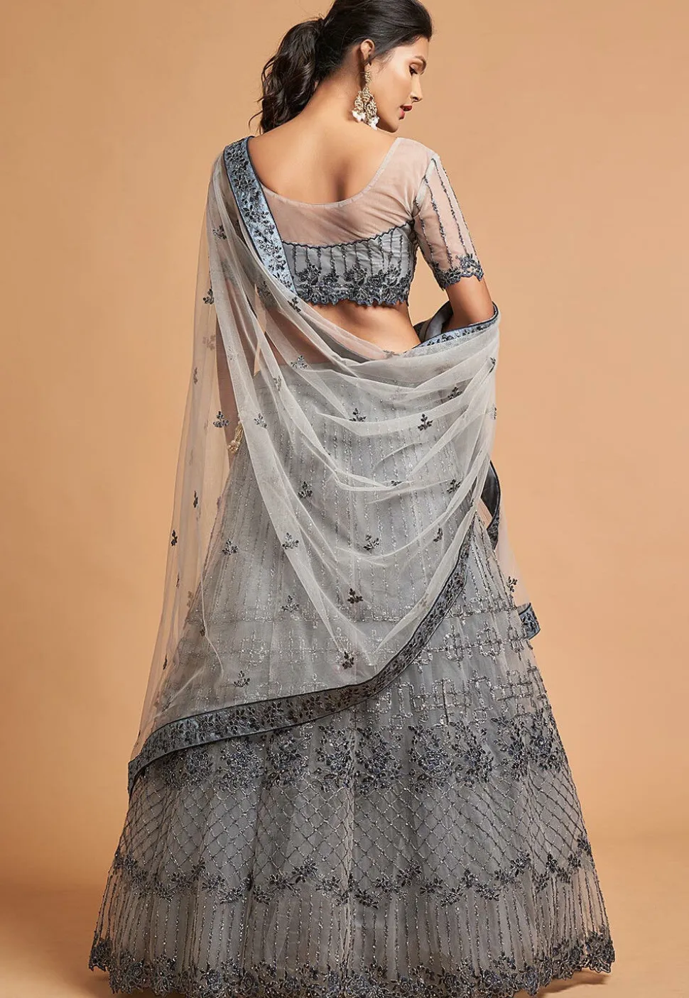 Embroidered Net Lehenga in Grey