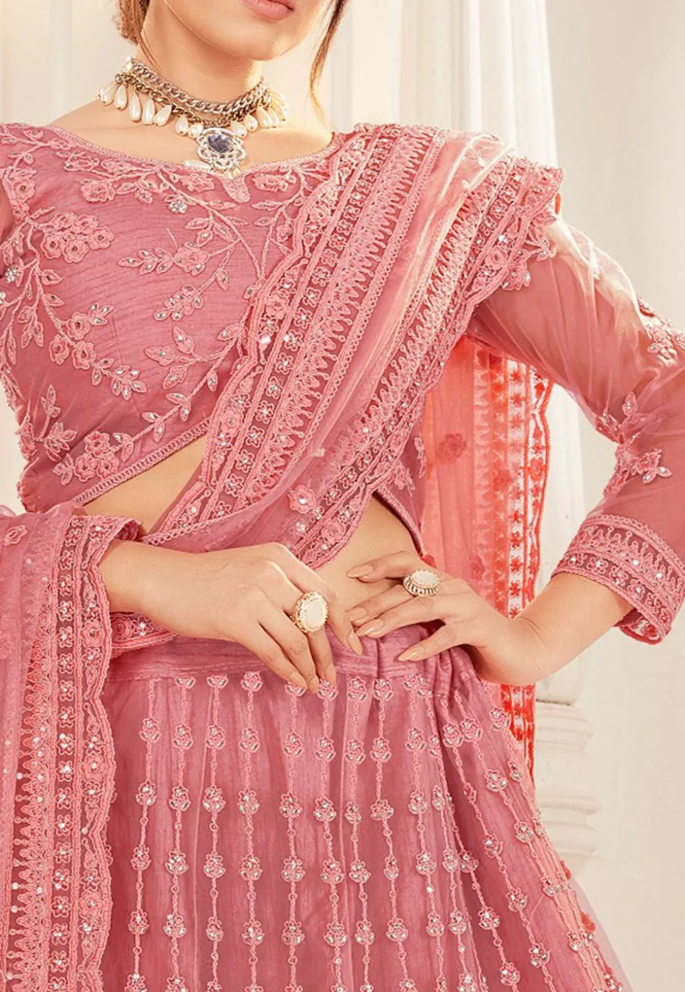 Embroidered Net Lehenga in Pink