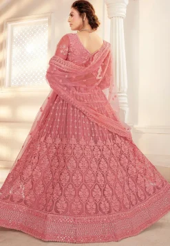 Embroidered Net Lehenga in Pink