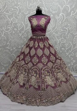 Embroidered Net Lehenga in Purple