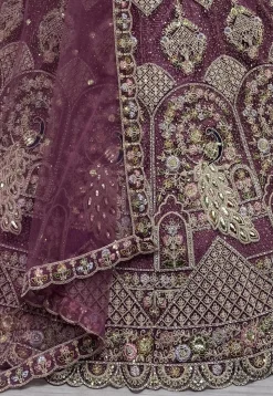 Embroidered Net Lehenga in Purple