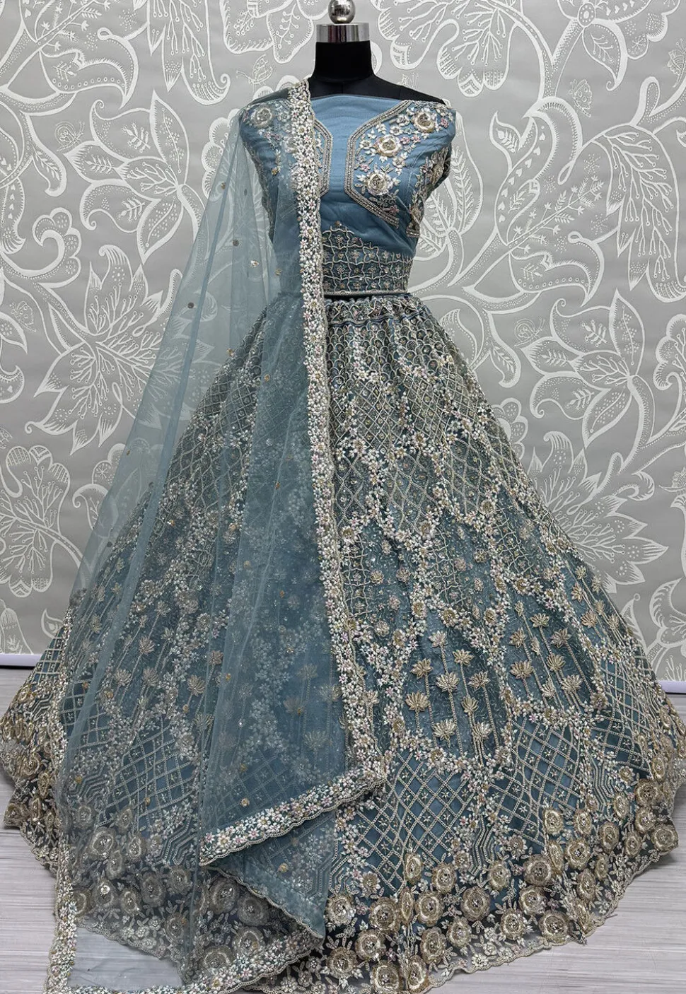 Embroidered Net Lehenga in Dusty Blue