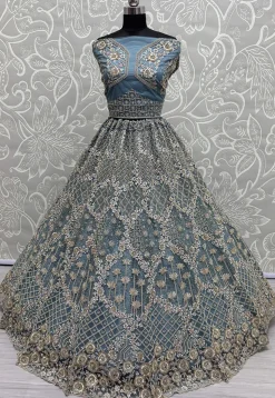 Embroidered Net Lehenga in Dusty Blue