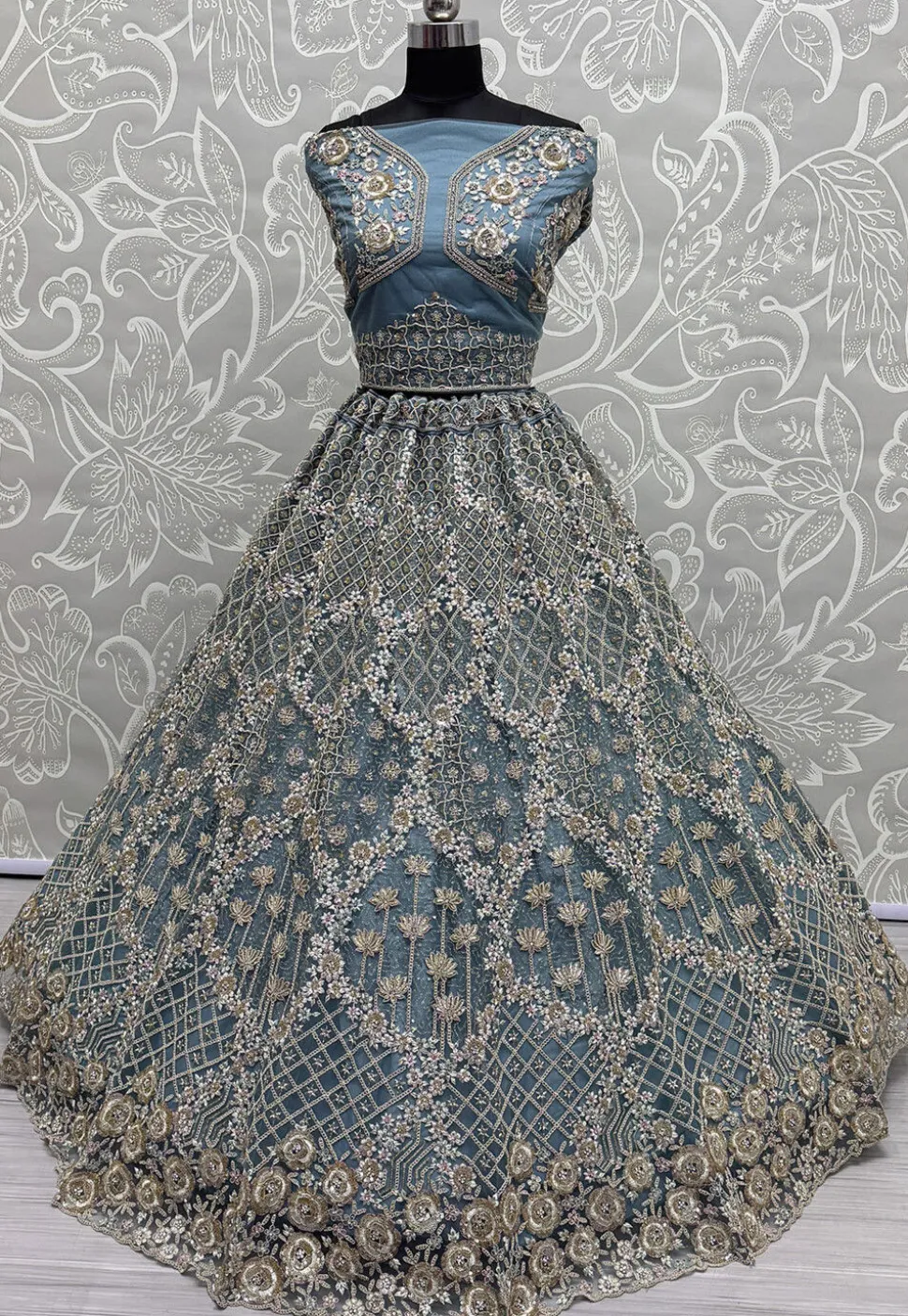 Embroidered Net Lehenga in Dusty Blue