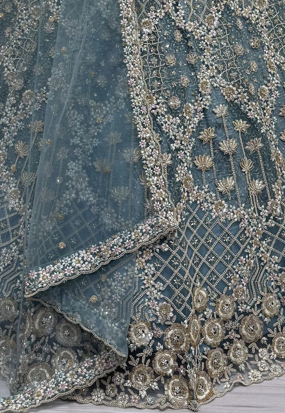 Embroidered Net Lehenga in Dusty Blue