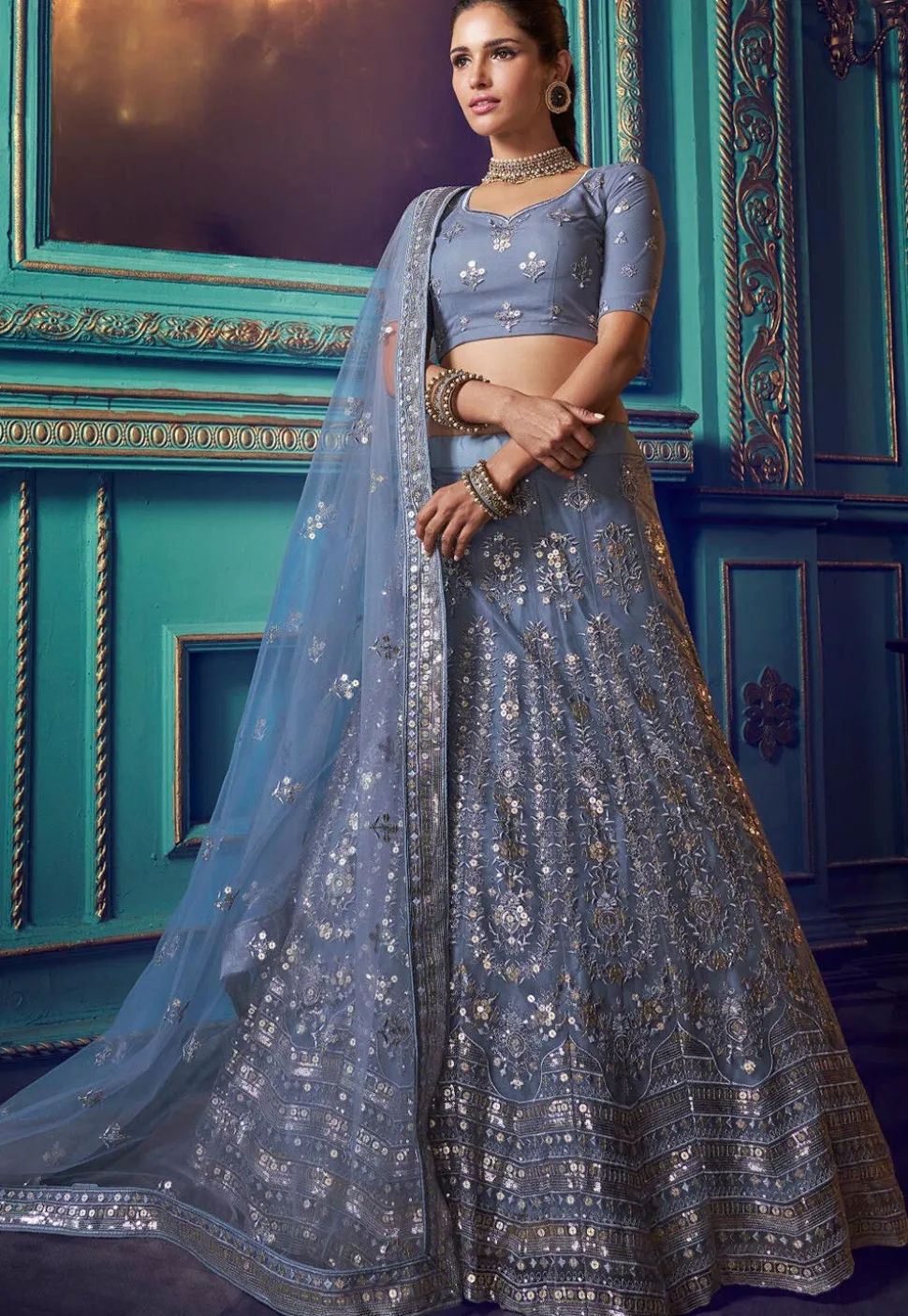 Embroidered Net Lehenga in Dusty Blue
