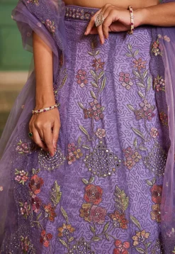 Embroidered Net Lehenga in Purple
