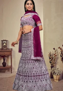 Embroidered Net Lehenga in Wine
