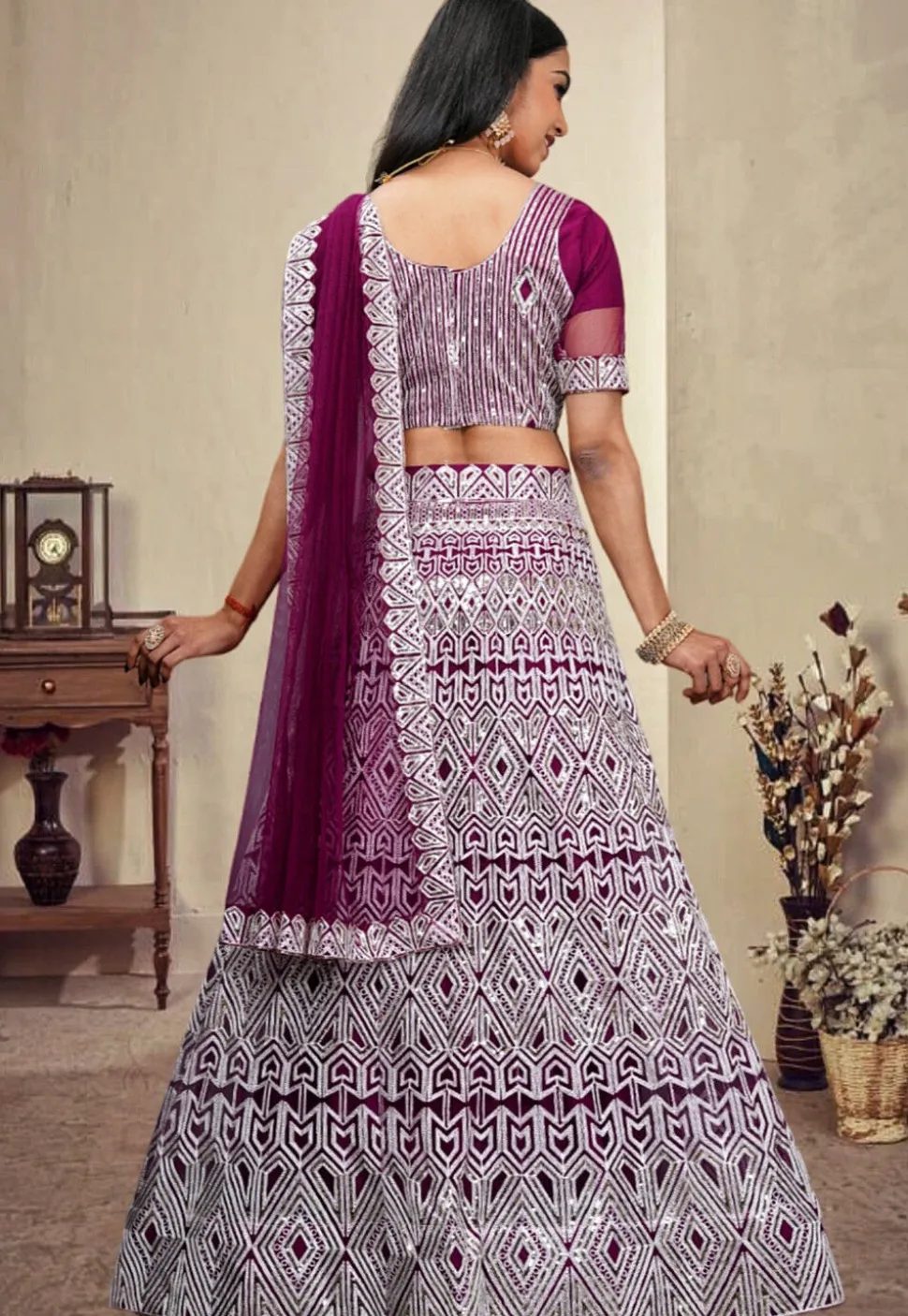 Embroidered Net Lehenga in Wine