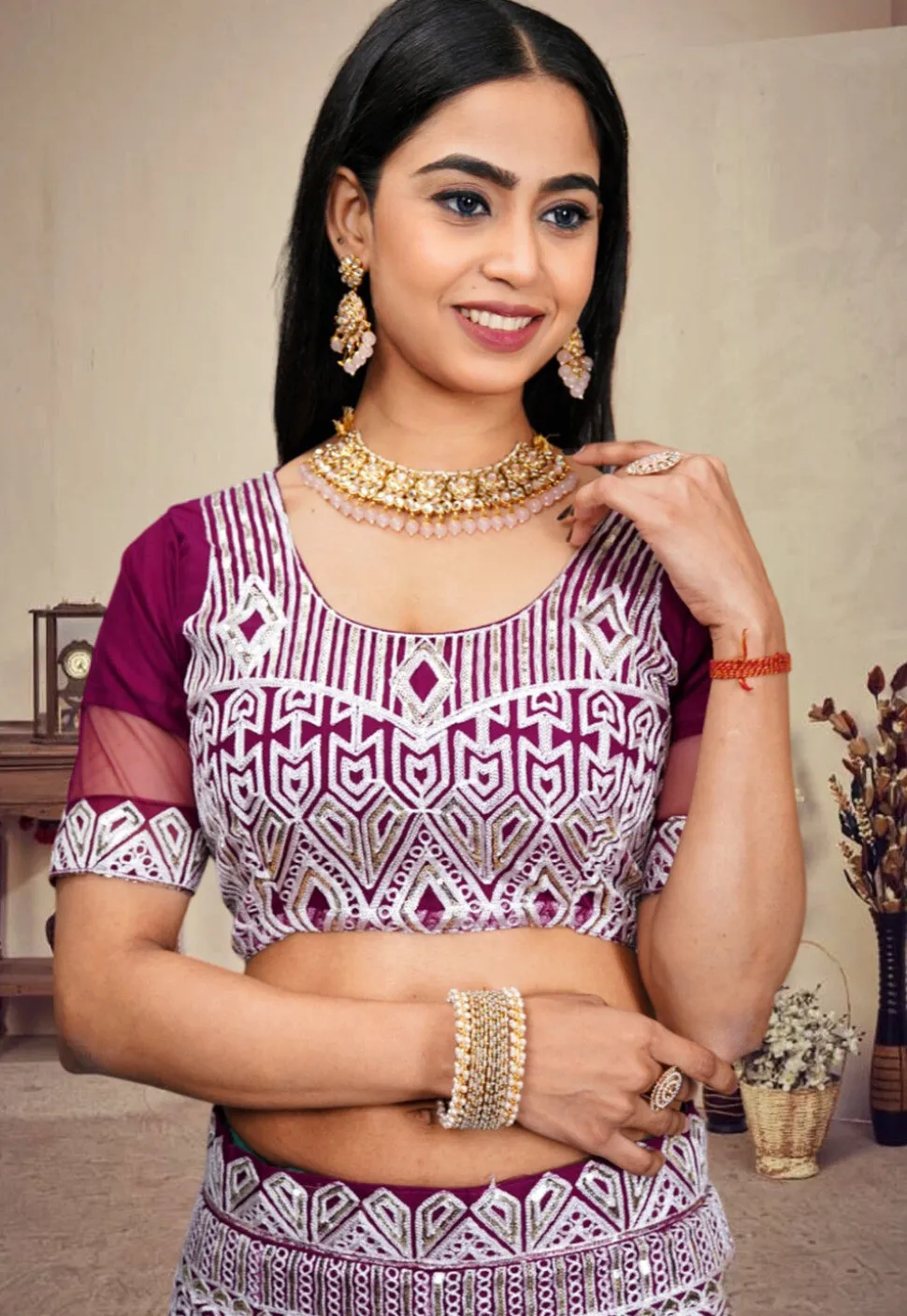 Embroidered Net Lehenga in Wine