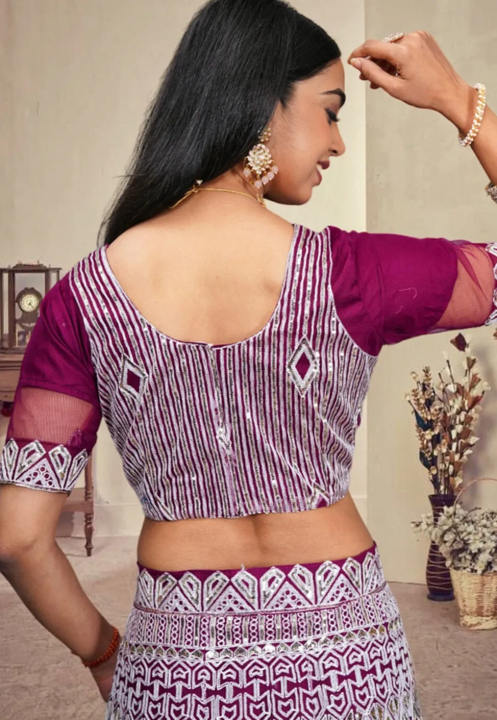 Embroidered Net Lehenga in Wine