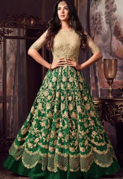 Embroidered Net Lehenga in Beige and Dark Green
