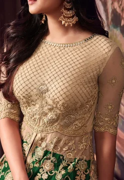 Embroidered Net Lehenga in Beige and Dark Green