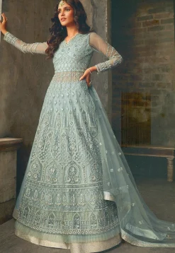 Embroidered Net Lehenga in Light Grey