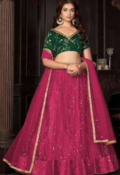 Embroidered Net Lehenga in Magenta